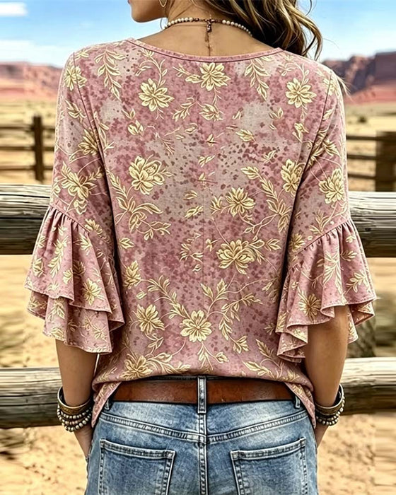 Bluse Retro-Druck locker Rüsche