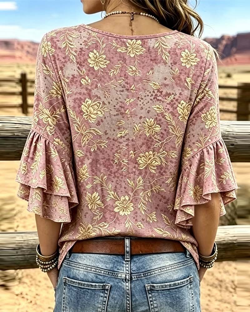 Bluse Retro-Druck locker Rüsche