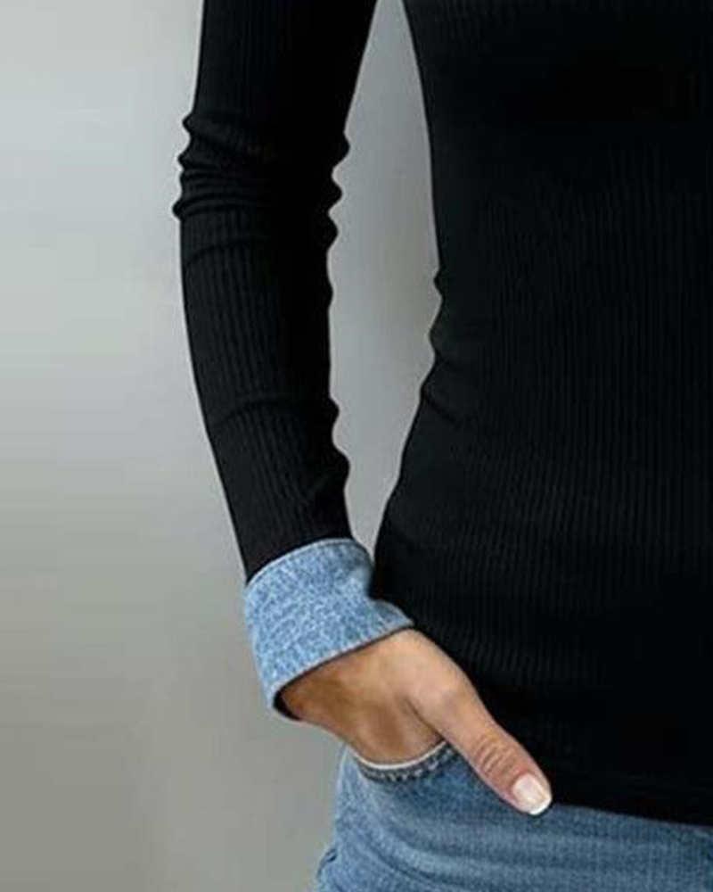 Top Kontrastfarbe Klappe V-Ausschnitt Langärmlig