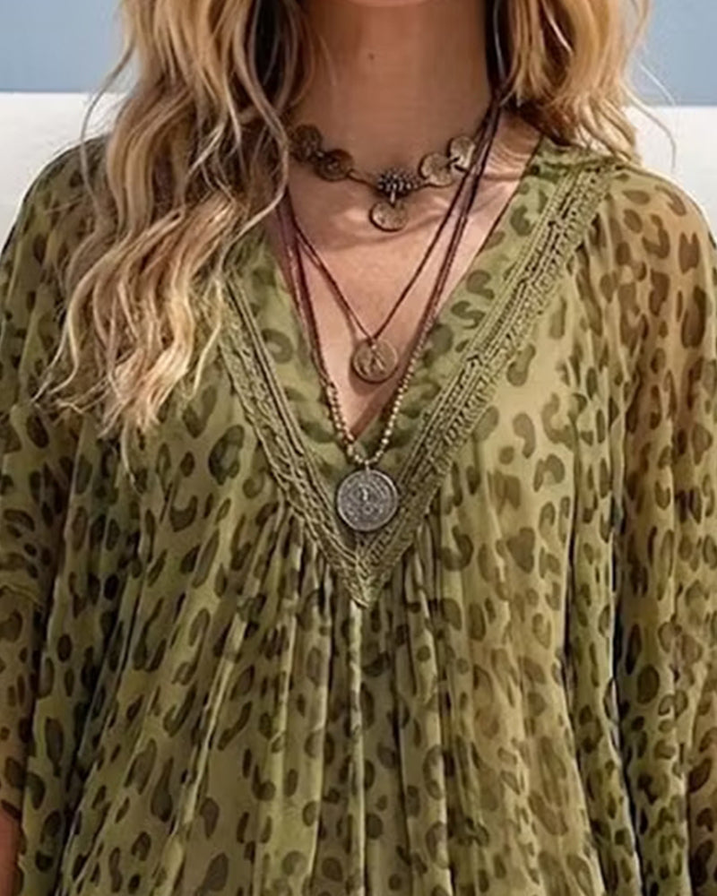 Bluse V-Ausschnitt Unregelmäßig Leopard