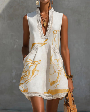 Kleid Stehkragen V-Ausschnitt Ärmellos Spitze Patchwork
