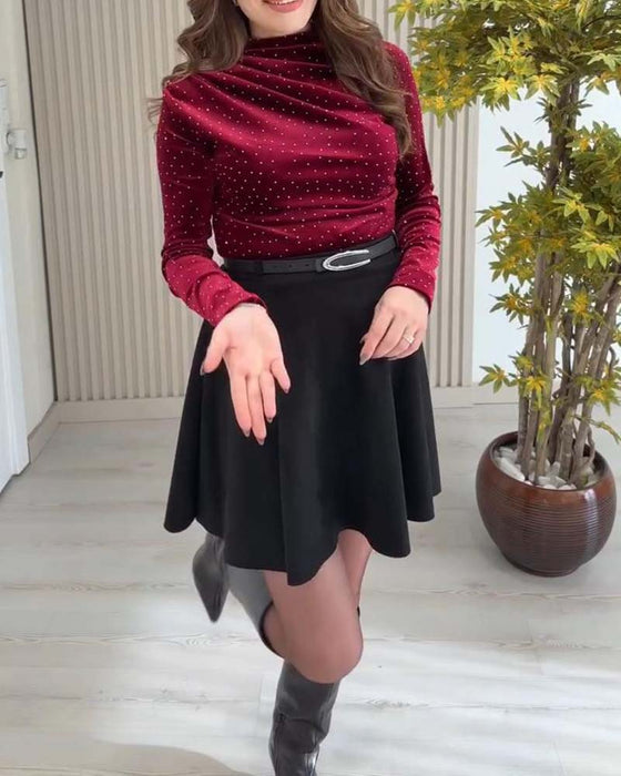 Unifarbenes schimmerndes Langarm-Top