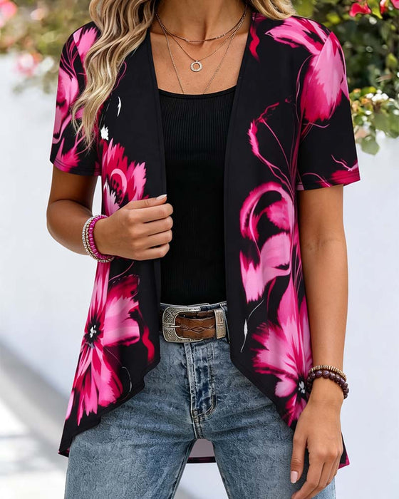 Bluse Schwarzer Basis Rosarot Blumen