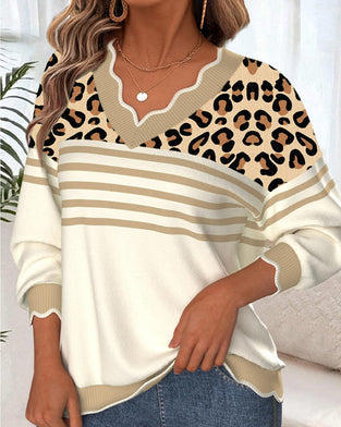 Pullover V-Ausschnitt Leopardenprint Kontrast