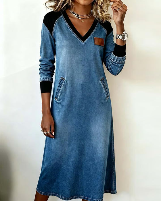 Kleid V-Ausschnitt Naht langärmelig