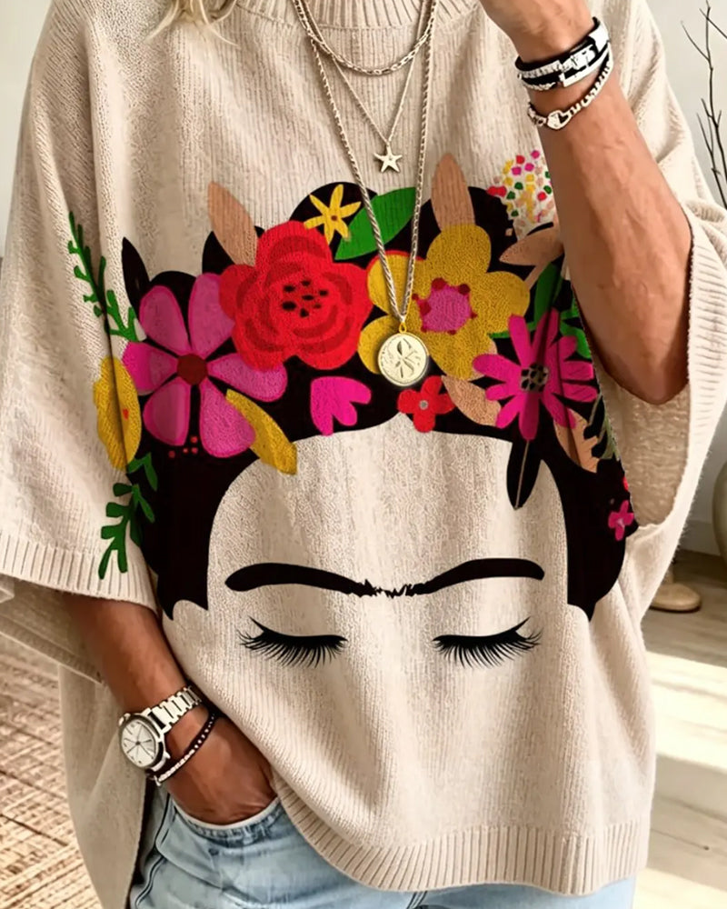 Loose Fit Gesicht Blumenprint Pullover