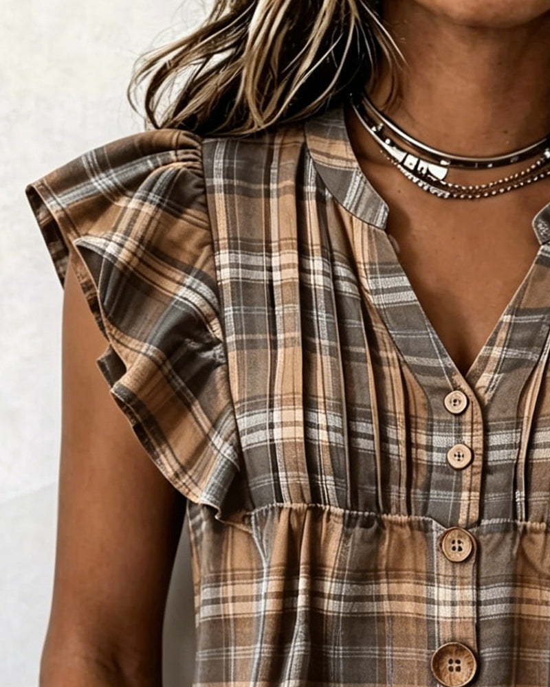 Bluse Braun Gingham Flatterärmel