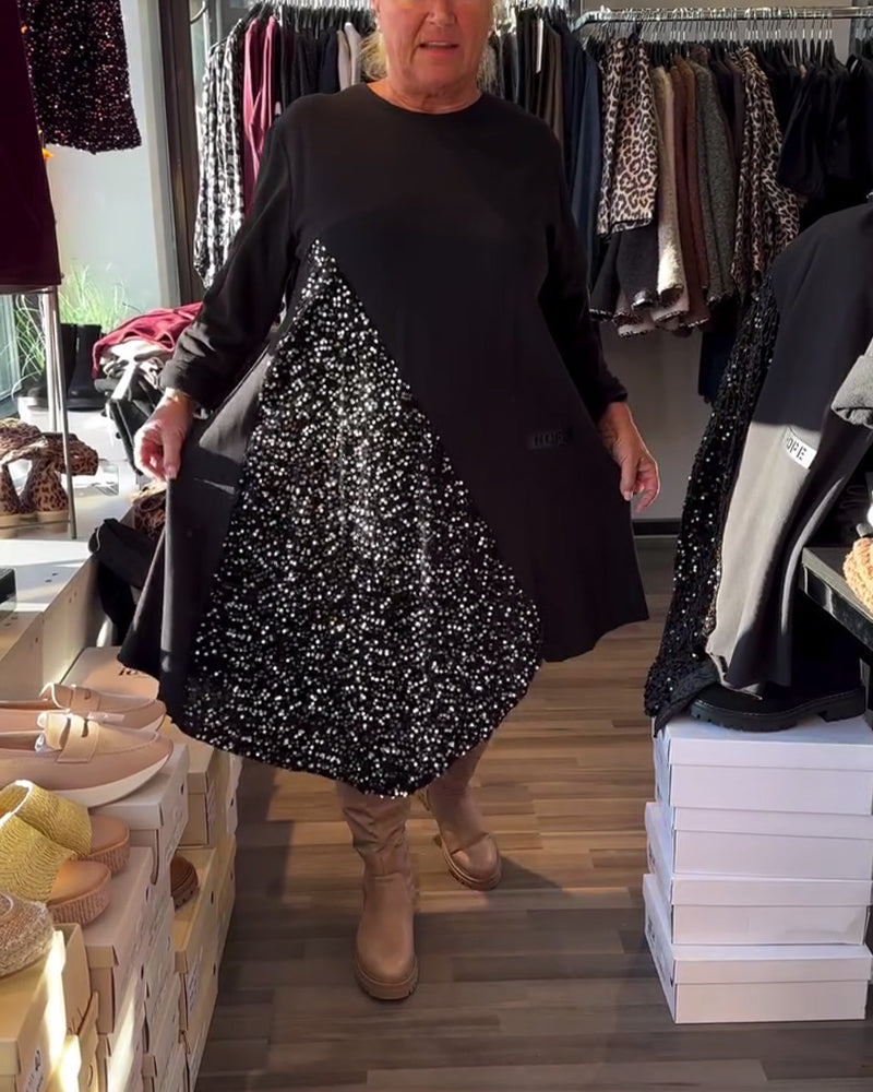 Kleid Glitzer Einsatz Runder Halsausschnitt