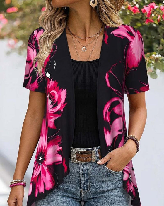 Bluse Schwarzer Basis Rosarot Blumen