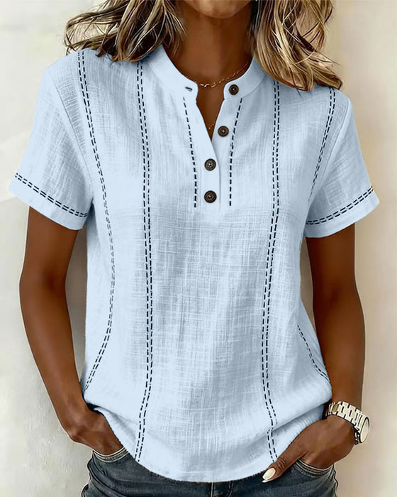 T-Shirt Mode Lässig Knopf V-Ausschnitt