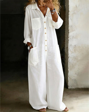 Jumpsuit 100% Baumwolle Reverskragen Casual Weites Bein