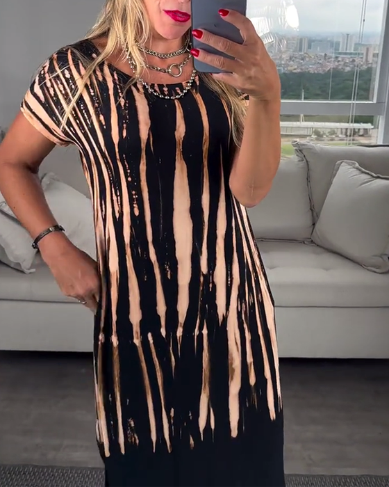 Kleid lässig kurzarm Schlitz Rundhals bedruckt