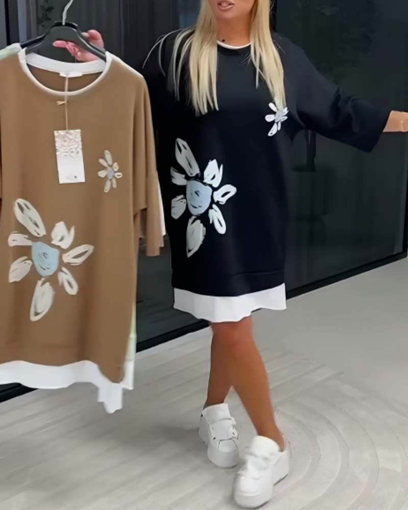 Sweatshirt-Kleid Rundhals bedruckt Patchwork
