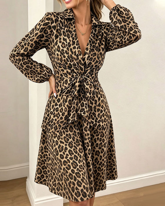 Kleid Leopardenmuster Revers Taille Riemen Hemd
