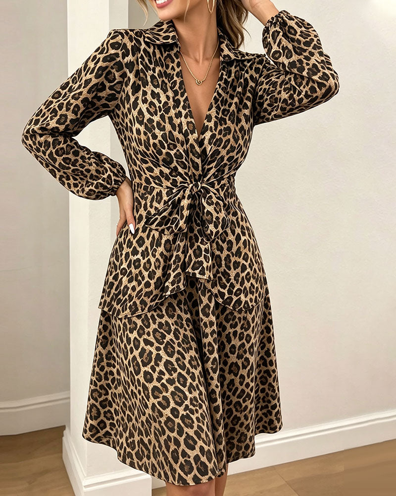 Kleid Leopardenmuster Revers Taille Riemen Hemd
