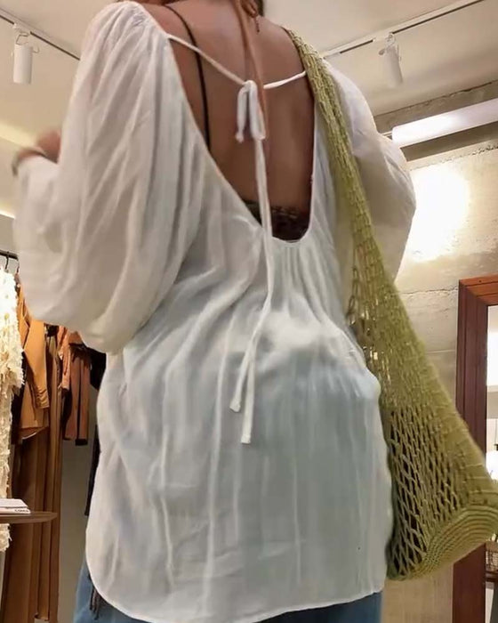 Bluse Puff Laternenärmel Gerafft Rundhals