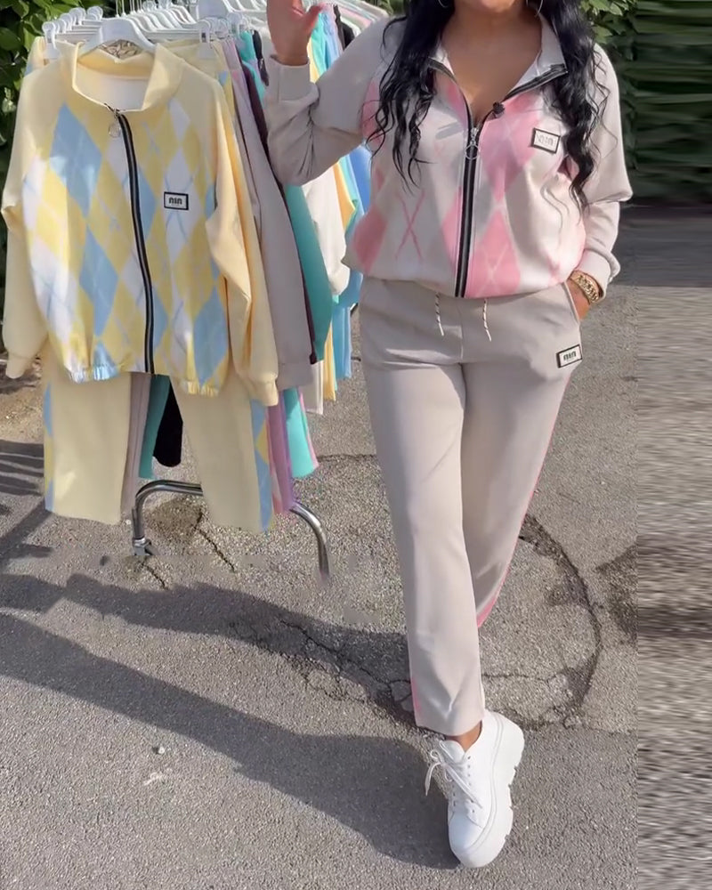 Zweiteiler kariert Oberteil mit Reißverschluss und Hose