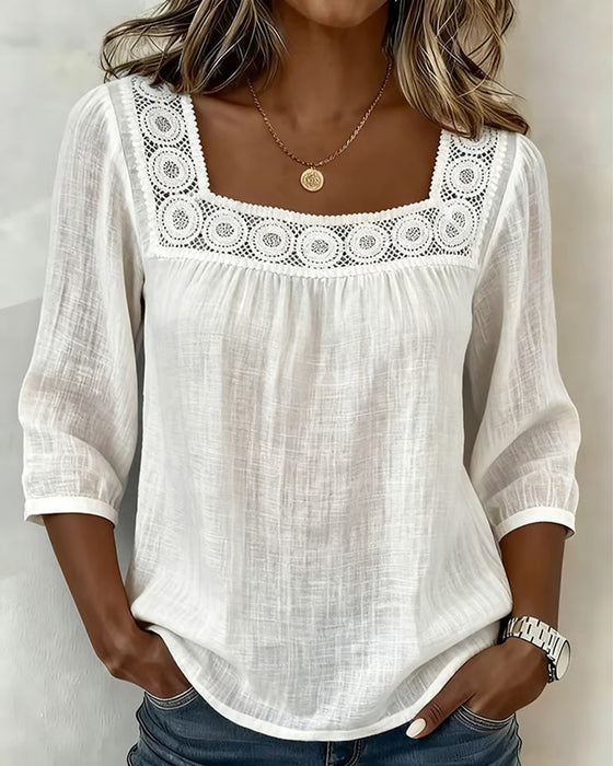 Bluse Quadratischer Ausschnitt Spitze Patchwork