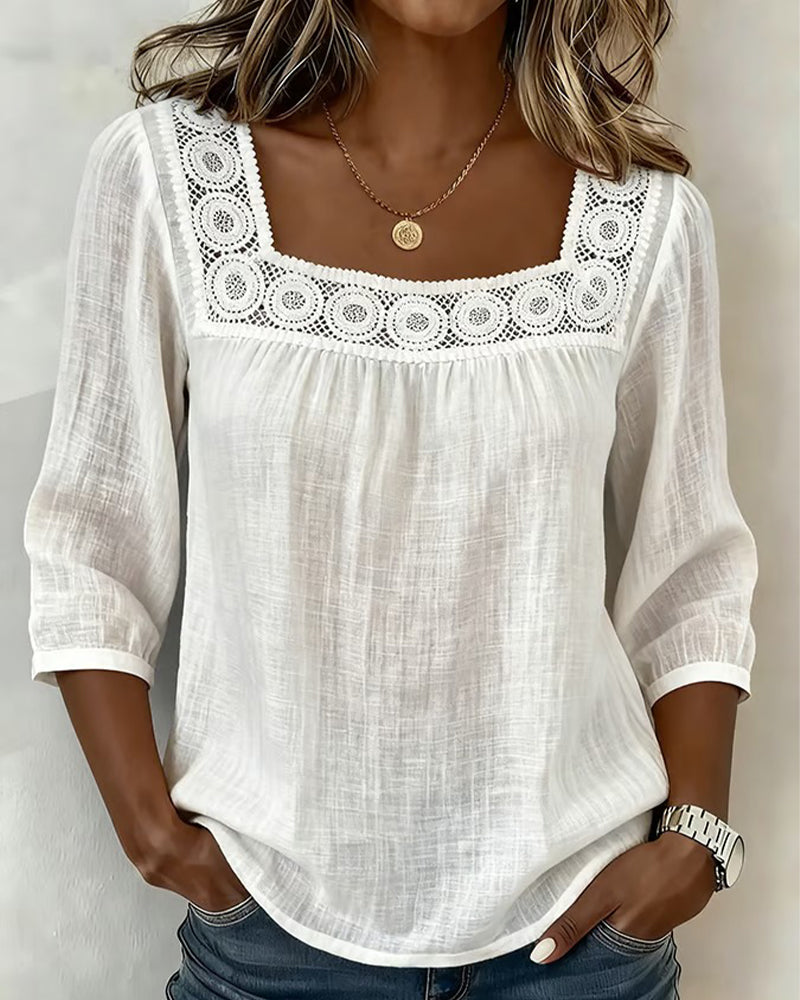 Bluse Quadratischer Ausschnitt Spitze Patchwork