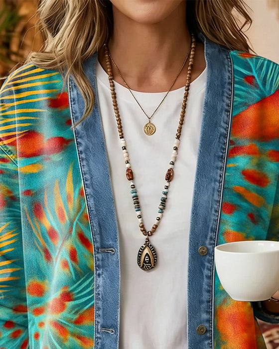 Mantel Bohemian Denim Patchwork Blumig