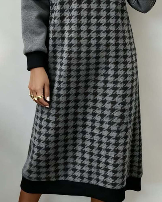 Kleid runder Ausschnitt Hahnentritt Farbblockung