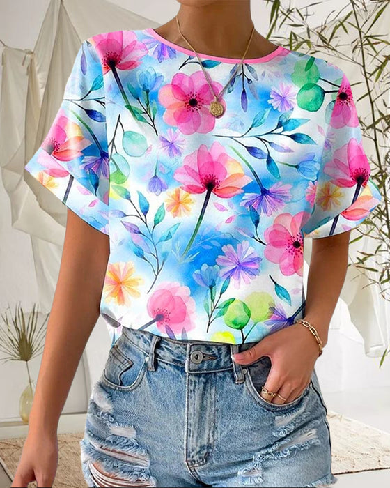 Bluse Bedruckt Rundhals Kurzarm