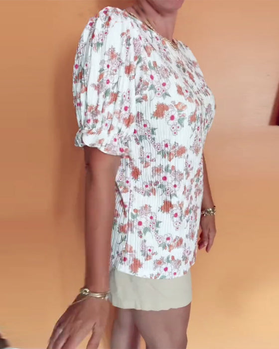 Bluse Rundhals Blumen Kurzarm