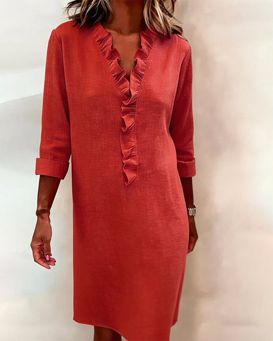 Kleid gerüscht V-Ausschnitt einfarbig