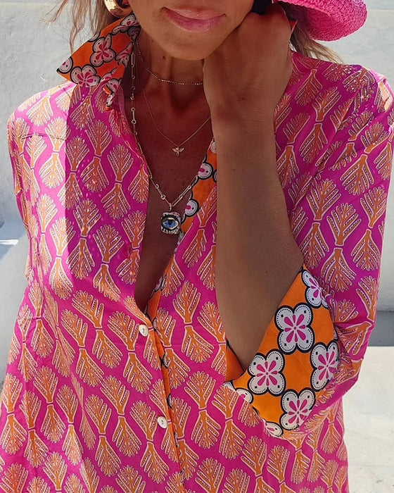 Kleid Geometrischer Weizen Druck Hemd