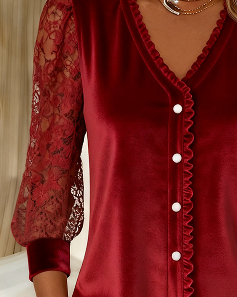 Unifarbenes Top aus Samt mit Patchwork-Details