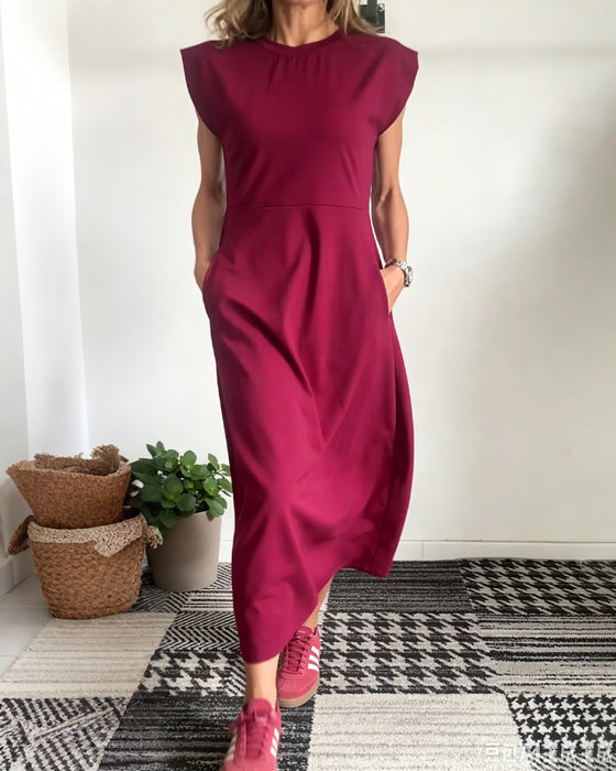 Kleid Rundhals Tasche Einfarbig