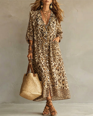 Kleid Leopardenmuster Rüschensaum Maxi