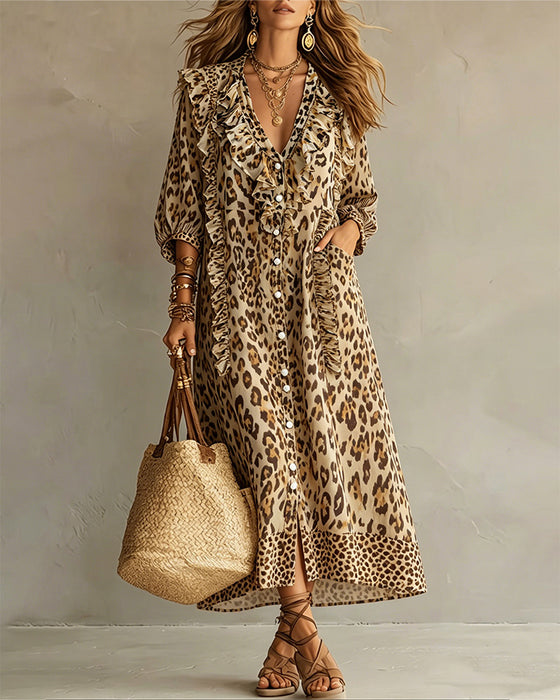 Kleid Leopardenmuster Rüschensaum Maxi