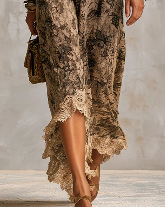 Kleid V-Ausschnitt Spitze Patchwork Asymmetrisch