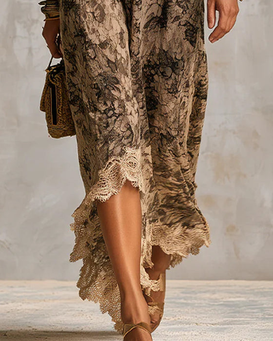 Kleid V-Ausschnitt Spitze Patchwork Asymmetrisch