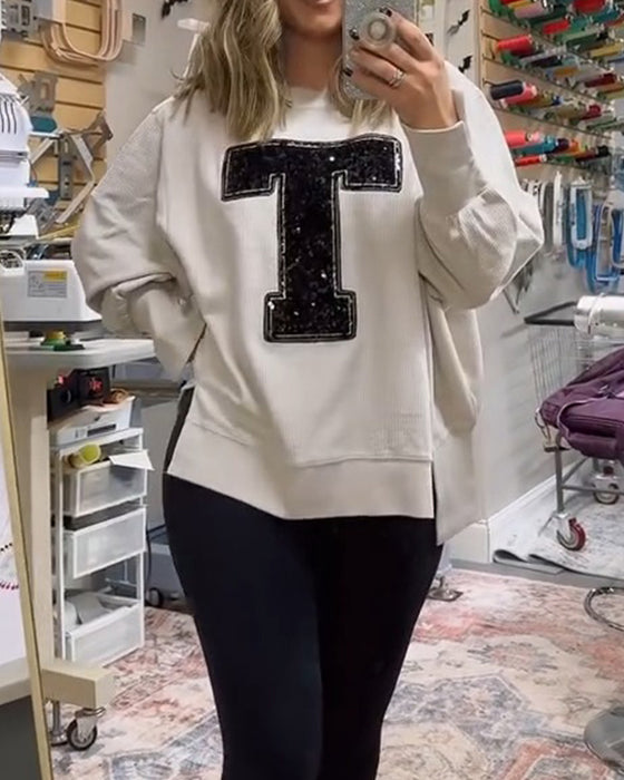 Sweatshirt T-Design Pailletten Bestickt Rundhals