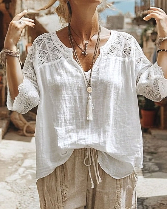 Bluse Unifarben eingefasst V-Ausschnitt