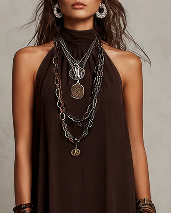 Kleid Halter Hoher Kragen Sheer Lang