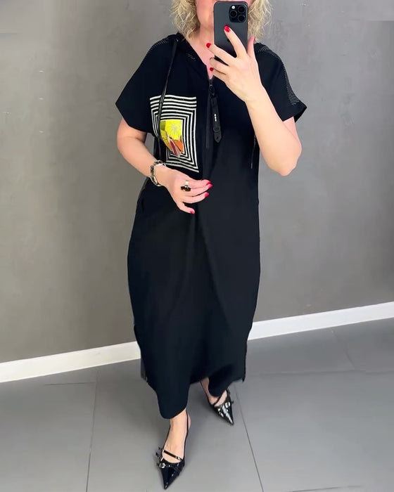 Kleid lässig mit Kapuze und Grafikdruck