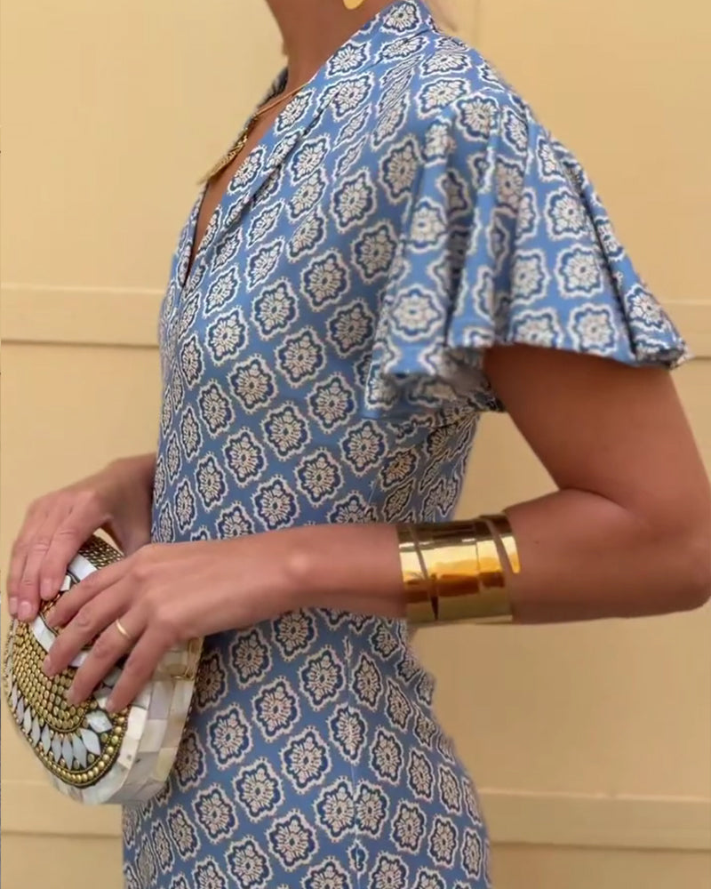 Kleid V-Ausschnitt Diamant Print Rüschenärmel