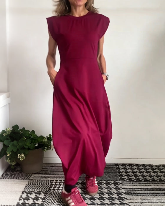 Kleid Rundhals Tasche Einfarbig