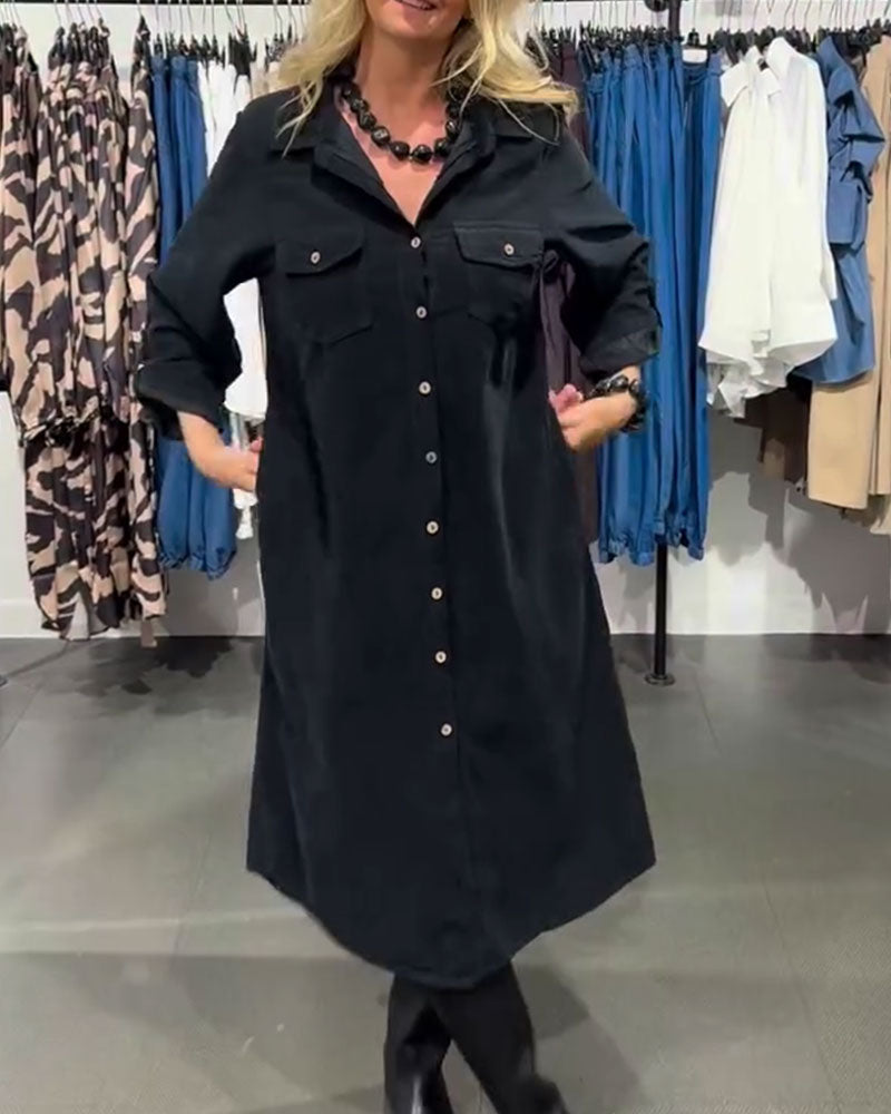 Kleid Revers Tasche Geknöpft Lang Hemd