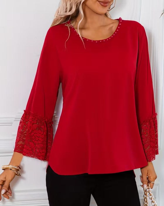 Bluse Spitze Glockenärmel Crewneck