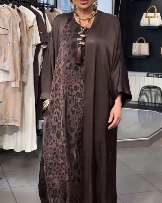 Sets Leopard Spaghettiträger Langes Kleid Und Cardigan