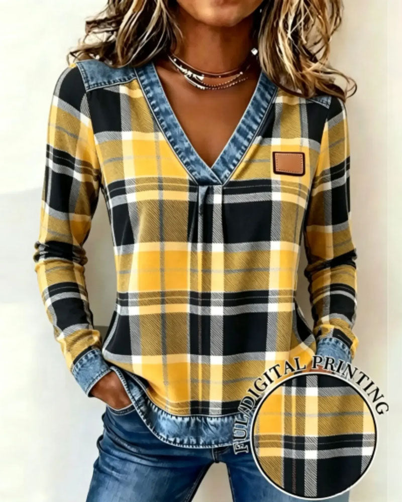 Oberteil V-Ausschnitt Karo Denim Patchwork