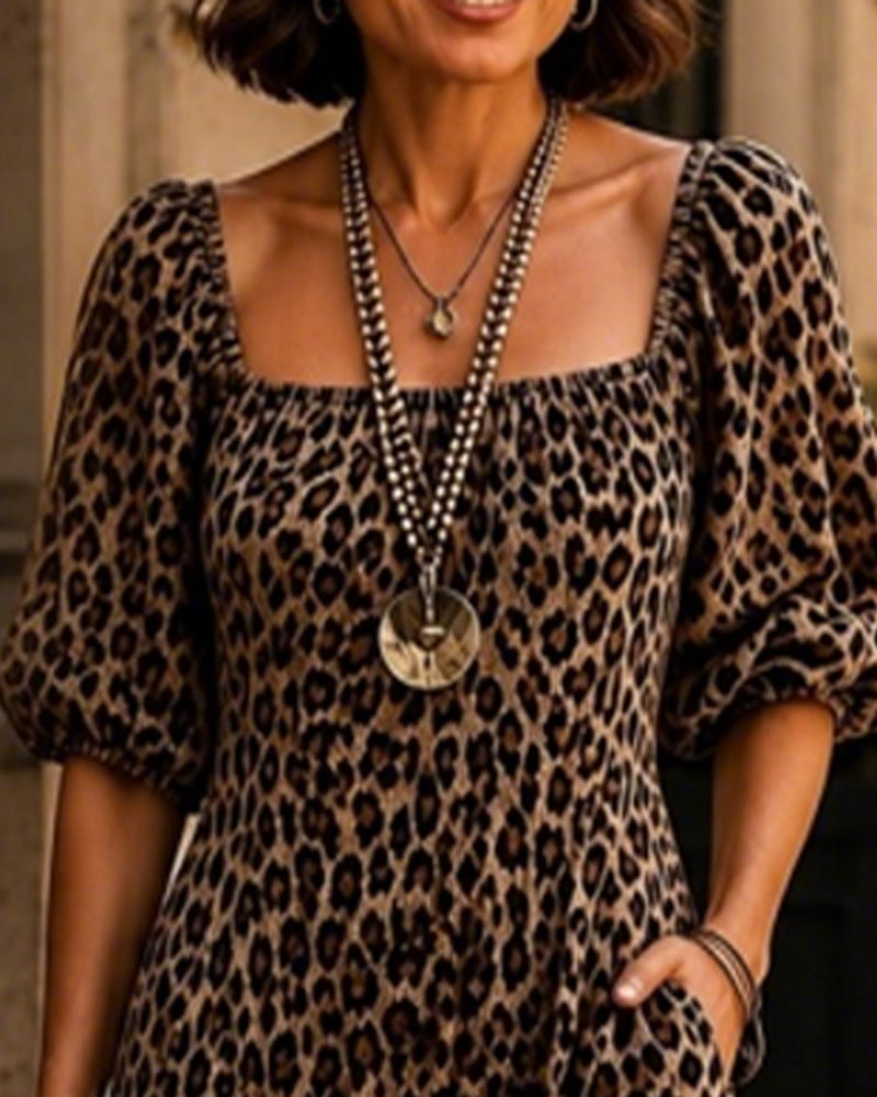 Kleid Quadratischer Ausschnitt Leopard Mode