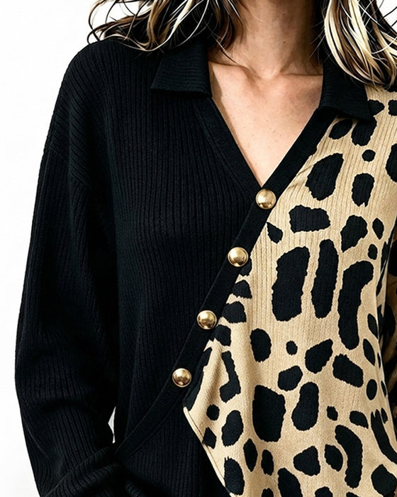 Pullover Leopard Patchwork Asymmetrische Knopfleiste Farbblock