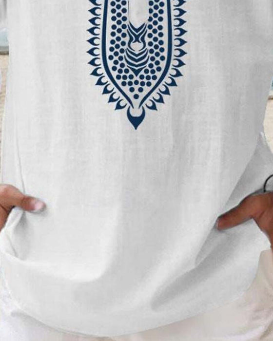 Hemden Ethno Blau Print Mandarin Kragen