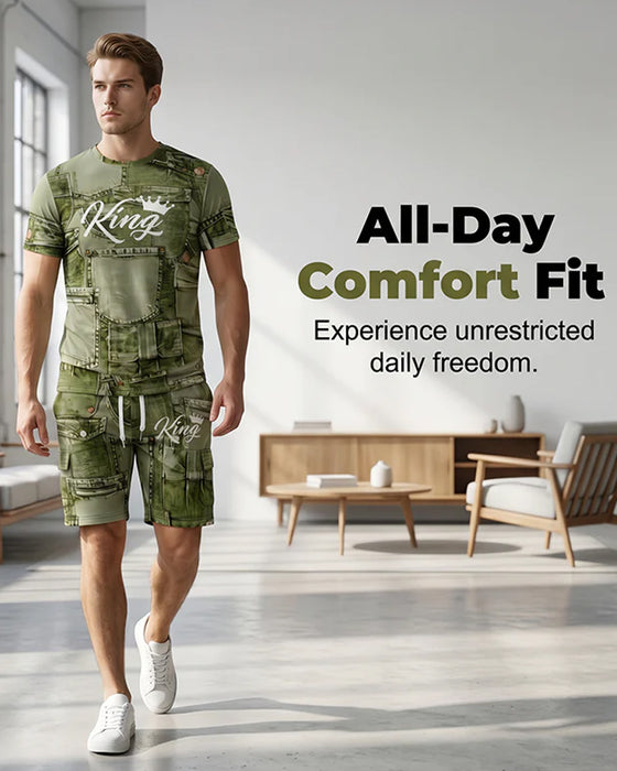Herren-Set Mit Rundhals-Monogramm-T-Shirt Und Kordelzug-Shorts
