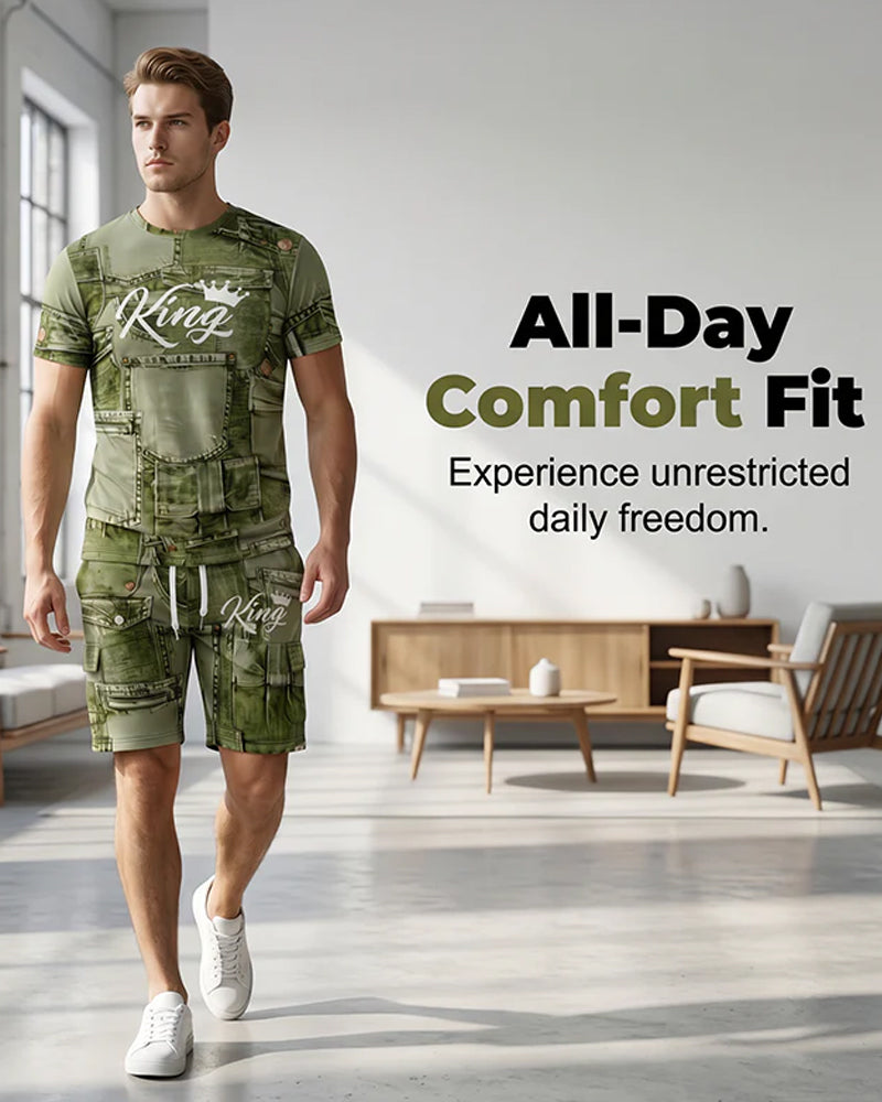 Herren-Set Mit Rundhals-Monogramm-T-Shirt Und Kordelzug-Shorts